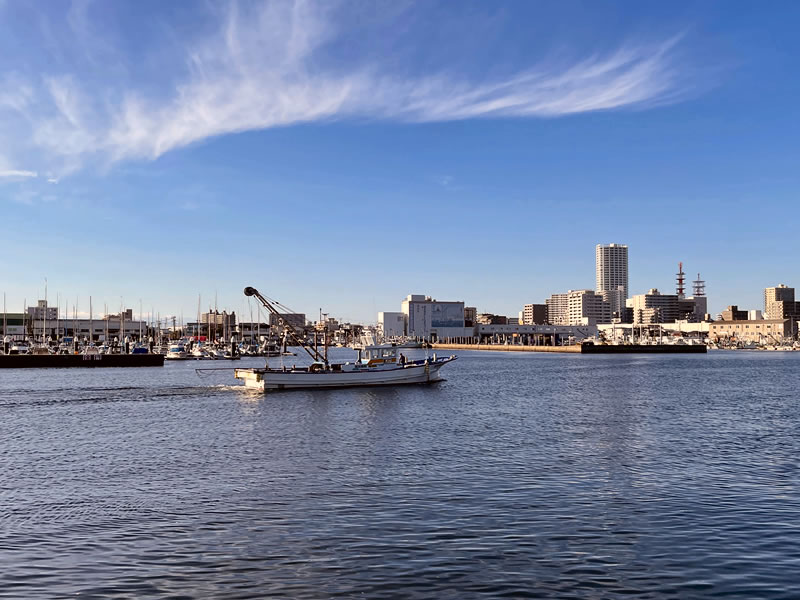 船橋港親水公園から見た船橋漁港と入港する漁船