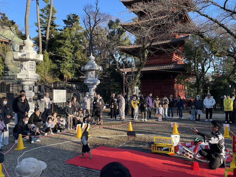 中山法華経寺の境内の猿まわしの様子