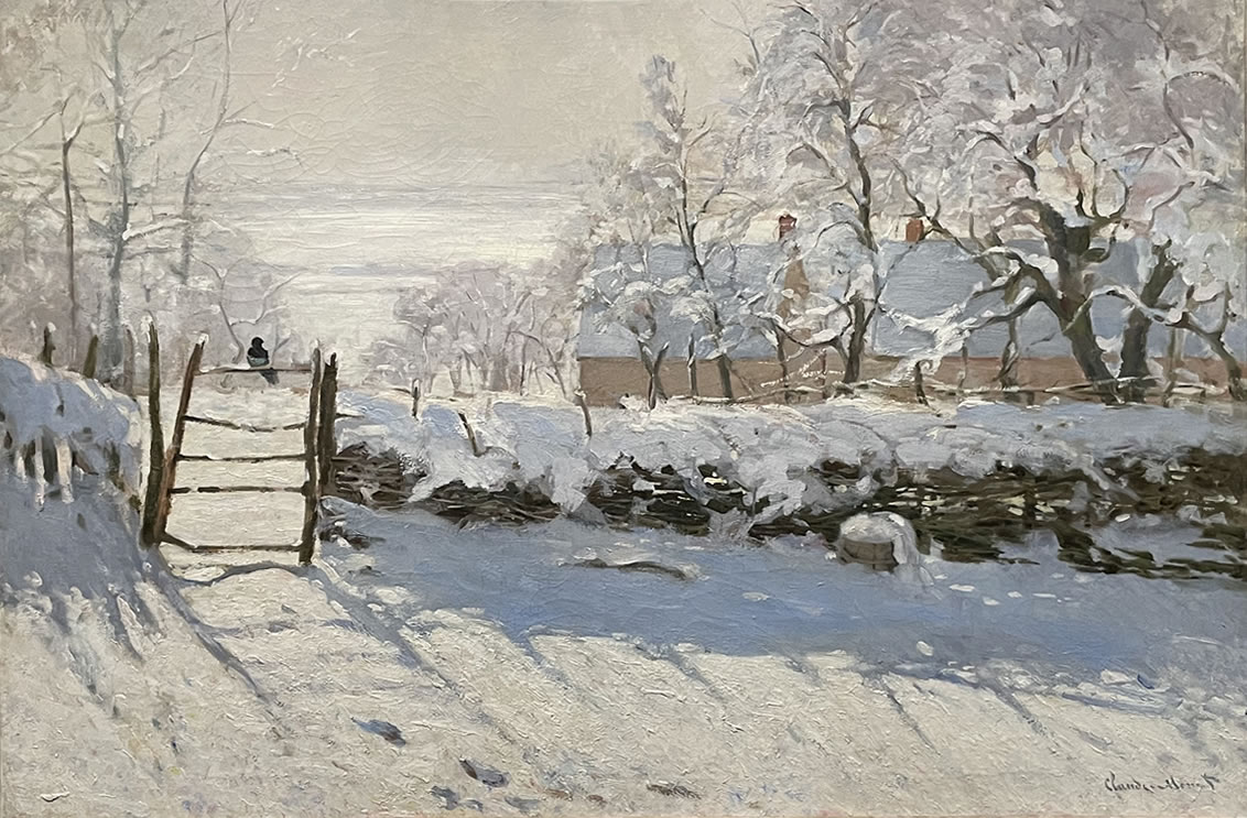 アーティゾン美術館「モネ没後100年 クロード・モネ 風景への問いかけ」展の展示作品 No.23：クロード・モネ かささぎ（1868-69）