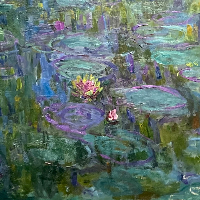 アーティゾン美術館「モネ没後100年 クロード・モネ 風景への問いかけ」展の展示作品 No.128：クロード・モネ 睡蓮（1914-17）のクローズアップ